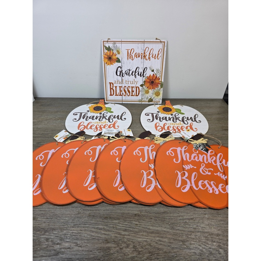 Mixed Lot of Nine (9) Thankful and Blessed Signs with Twine